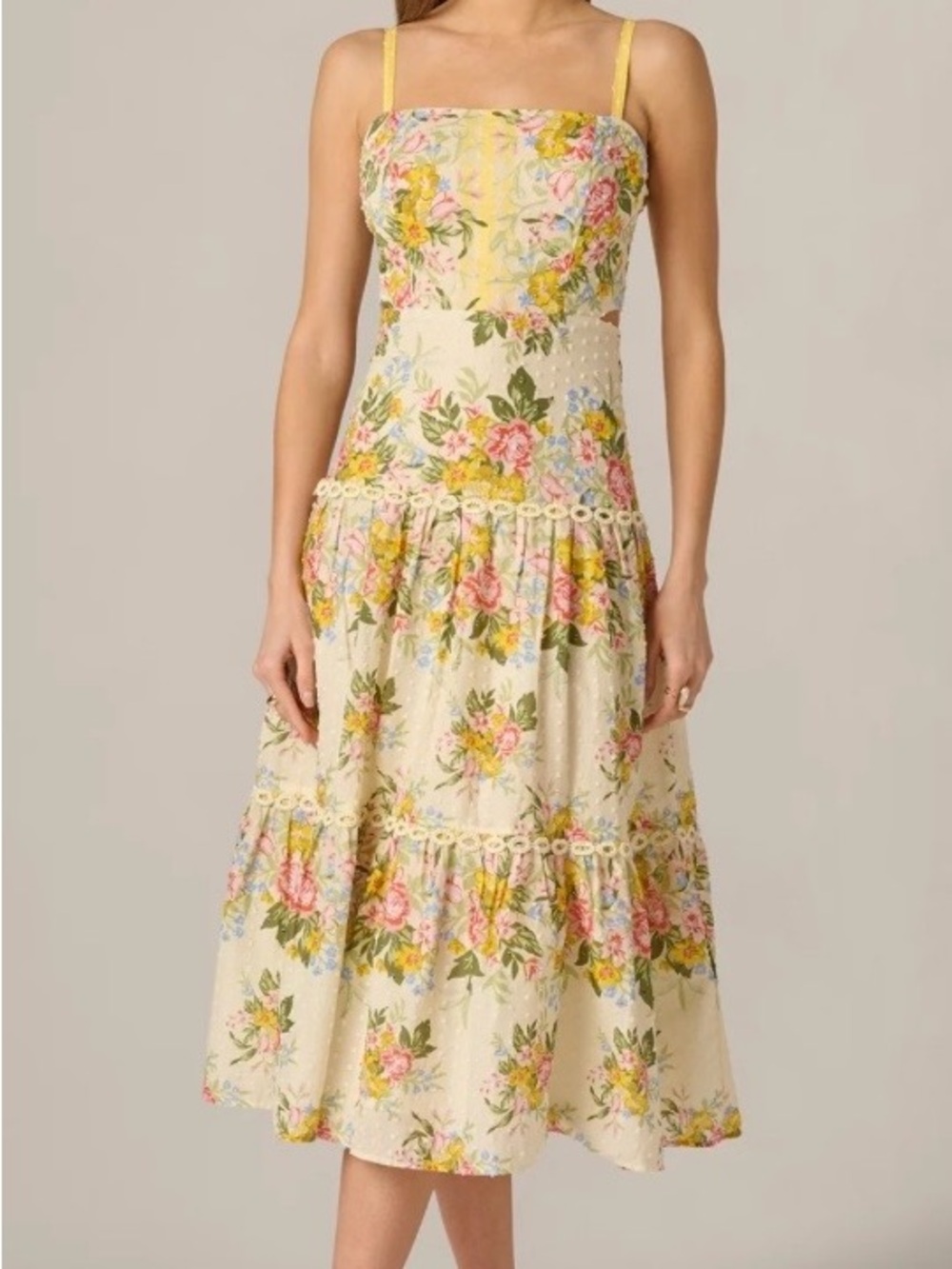 Adrianna Papell Cream Midi Dress with Pink & Yellow Floral Print - Picture 4 of 8